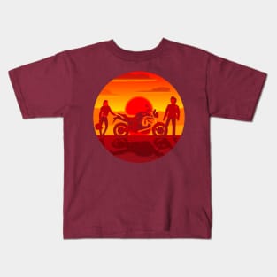 Motorcycle and couple at sunset Kids T-Shirt